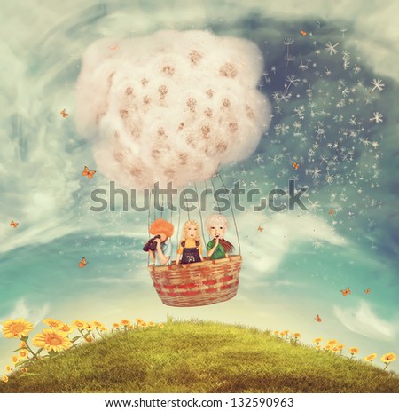 Illustration of playing children in a balloon Illustration of playing children in a balloon