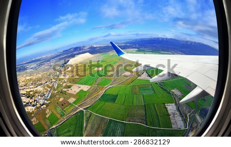 View from airplane window on fields and mountains,  Cappadocia ,Turkey