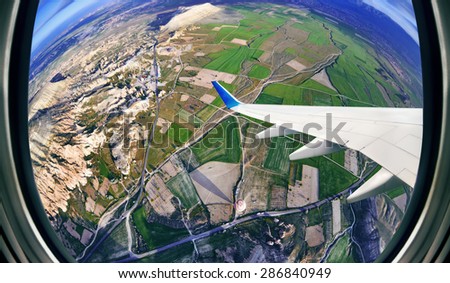 View from airplane window on fields and mountains,  Cappadocia ,Turkey