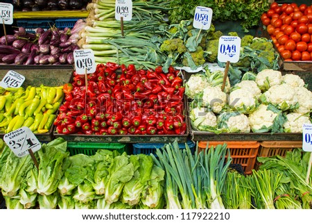 Salad and vegetables on a market