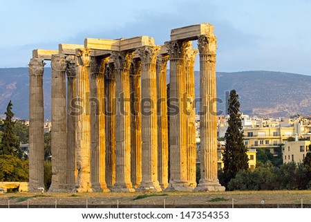 The Ancient temple of Zeus in Athens, seen in the evening sun