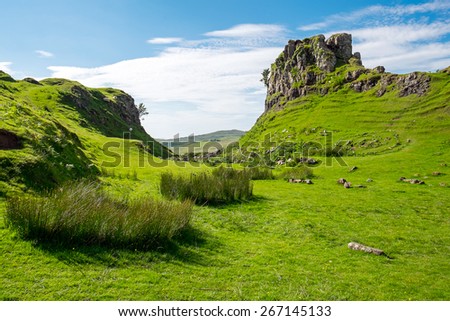 The green Fairy Glen on the Isle of Skye in Scotland