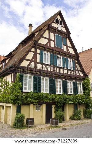 Old half-timber house in the Tubingen pedestrian area with a lot of green twiners