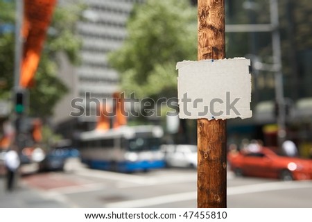 Blank piece of cardboard nailed on electric wooden pole