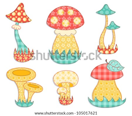 Vintage mushroom set. Patchwork series. Isolated on white. Vector illustration. - stock vector