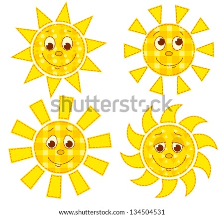 Set of patchwork happy suns. Vector cartoon illustration. - stock vector