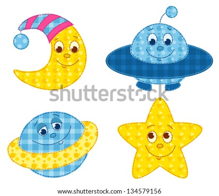 Set of patchwork spaces objects. Vector cartoon illustration. Isolated on white. - stock vector