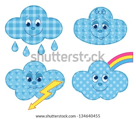 Set of patchwork clouds. Vector cartoon illustration. Isolated on white. - stock vector