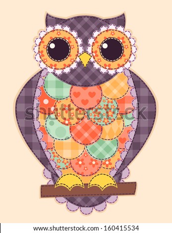 Colored patchwork owl. Vector quilt illustration. - stock vector