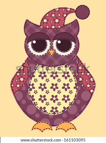 Application owl. Cartoon patchwork illustration for a scrapbook. Vector. - stock vector