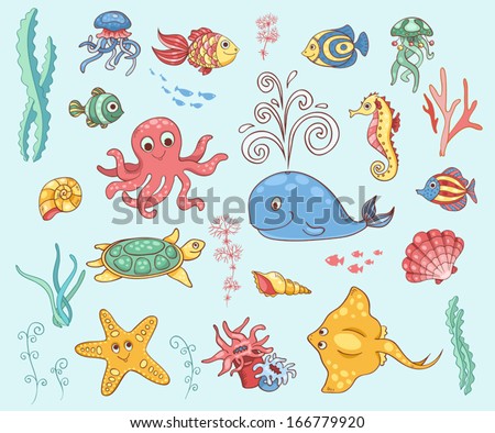 Set of underwater animals. Vector cartoon illustration.