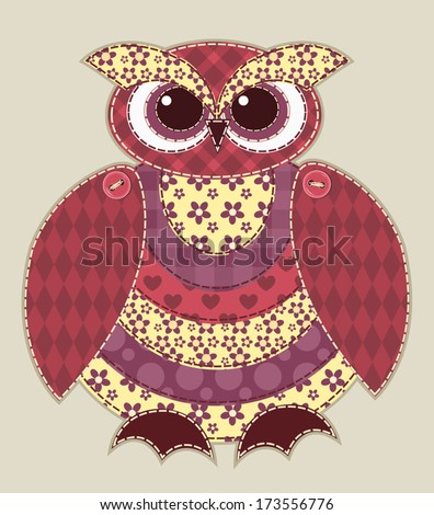 Red patchwork owl. Cartoon vector quilt illustration. - stock vector