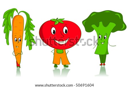 stock vector : Cartoon vegetables characters. Carrot, tomato and broccoli.