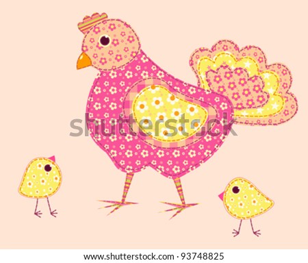 Application hen and chickens. Patchwork series. Vector illustration. - stock vector