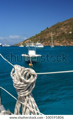 Nautical rope hanging on the sailboat. Detailed parts.