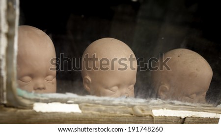 Doll heads left on a window sill a long time ago in what was part of a mental facility.