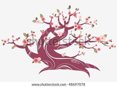 cherry tree drawing in blossom. Spring cherry blossom tree