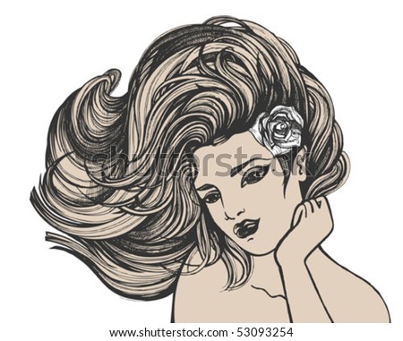 stock vector : Young sexy woman with long hair drawing