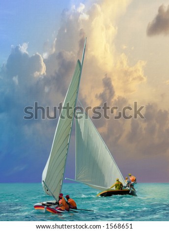 Canvas painting of small craft sailing in open sea, full of atmosphere