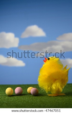 Yellow Chick with Eggs spring background