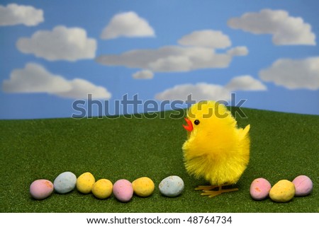 Yellow Chick with Chocolate Eggs Blue Sky 1