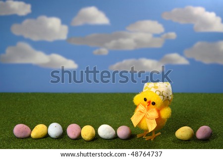 Yellow Chick with Chocolate Eggs Blue Sky 2