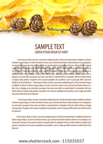 yellow autumn leaves and pine-cones frame with space for your text