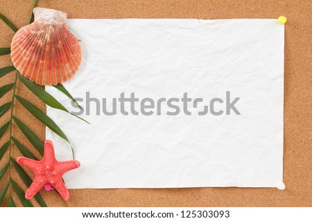cocrboard with palm leave, crumpled paper and seashell for vacation message