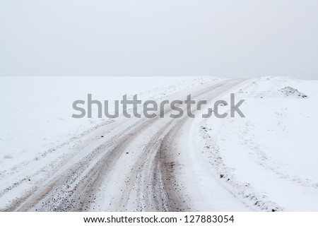 overcast winter landscape with rural road ending on horizon