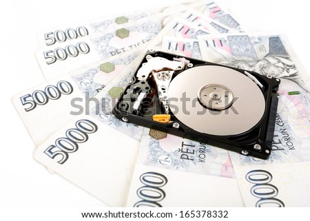The open hard disk, with czech money banknotes. Money concept, backup data cost