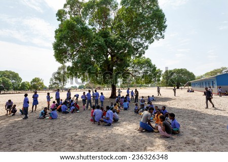NAMIBIA, KAVANGO, OCTOBER 15: Happy Namibian school children waiting for a lesson. Kavango was the region with the highest poverty level in Namibia. October 15, 2014, Namibia