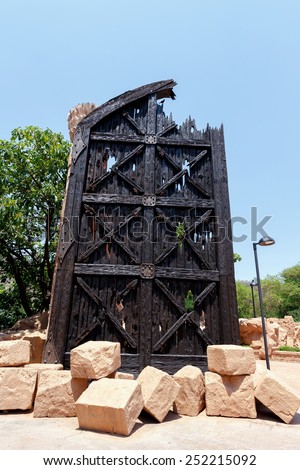 Gigantic door near bridge in famous Lost City in Sun City, South Africa.