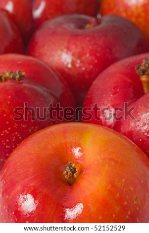 Group of juicy plums with drops of water