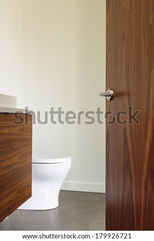 Vertical shot of a open wooden bathroom door with a modern handle/Luxury Bathroom with Open Wooden door