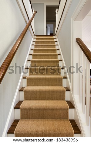 Wide View of wooden staircase with carpet runner and white molding.