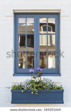 A blue window frame of a white family home, with a flower planter box and purple flowers. Also seen is the reflection of a neighboring home.