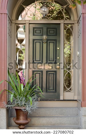 Close Up of Green Front Door with Lunette and Side Windows and Potted Plant on Steps