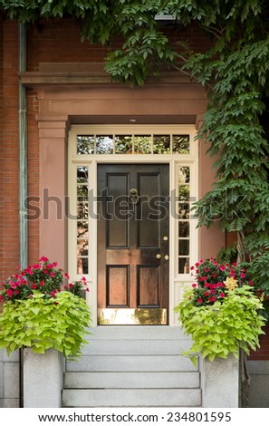 Black Door with Surrounding White Door Frame and Windows and Ivy and Potted Plants