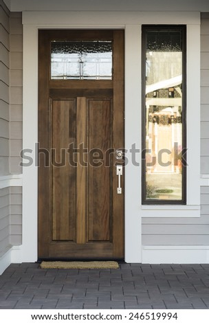 Natural Wood Front Door with Panels and Windows