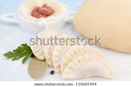 Row of prepared pelmeni ready to be boiled and served as a meal
