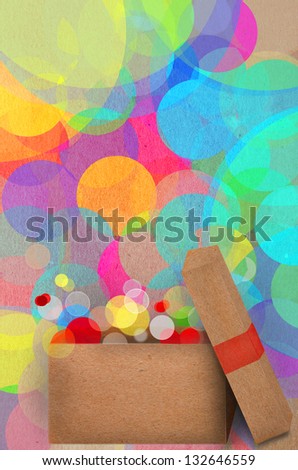Beautiful paper collage design of an open gift box on a bokeh of simulated bright colourful party lights for a festive greeting card or party invitation