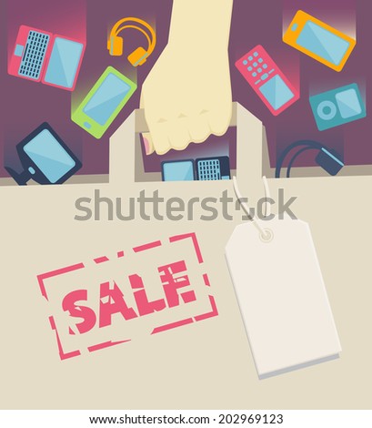 Digital devices as laptop, desktop computer, mobile phones, headset and portable music players falling into a paper shopping bag with blank label, held by a customer