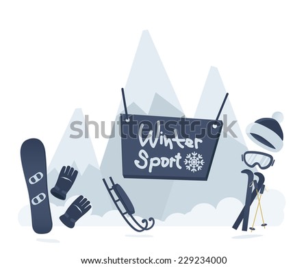 Winter sport poster design in a cool blue with snow-capped mountain peaks and snowboarding and skiing equipment and accessories, vector illustration