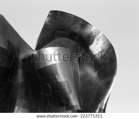 SEATTLE, WA - JANUARY 4, 2011: Detail from the Experience Music Project building - a modern architectural landmark made with metal panels designed by Frank Gehry. (Scanned from black and white film.)