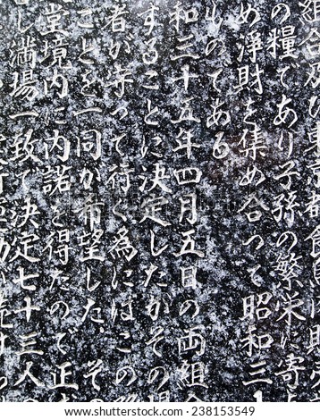 TOKYO, JAPAN - APRIL 21, 2012: A portion of the writing in Kanji characters on a granite stone tablet in the historic Benzaiten Temple in Ueno Park in Tokyo.
