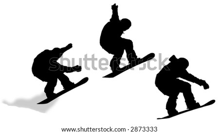 A series of silhouettes showing a snowboard in mid-air, starting with the initial spray of snow, the grab at the peak and then at landing. The profile is black and white as a set of cut-outs.
