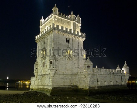 Viewed at night, Belem Tower, or the Tower of St. Vincent, was the starting point for many voyages of discovery. Built in 1515 as a fortress to guard Lisbon\'s harbor, it is a symbol of Portugal.