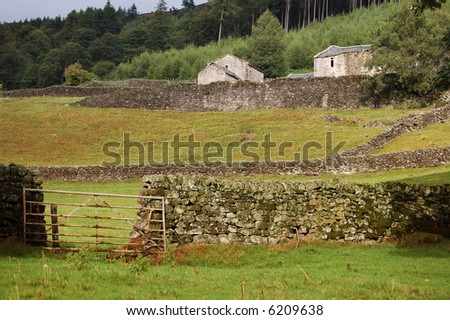 Stone wall and gate on a Yorkshire farm, Wharfedale