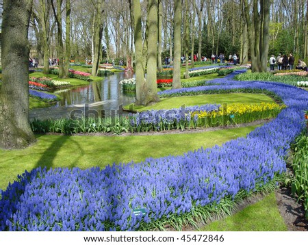 Scenic garden with colorful spring flowers and pond in  dutch spring garden  (Keukenhof, the Netherlands)
