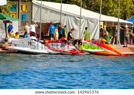 TERNOPIL, UKRAINE - AUGUST 26: Racing boats before the start in the Powerboat World Championship on August 26, 2012 in Ternopil.
